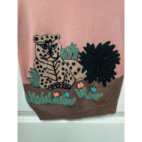Vintage Sweater Textured Cheetah Nature Scene 100% Acrylic Pink Brown 90s - Picture 3 of 5
